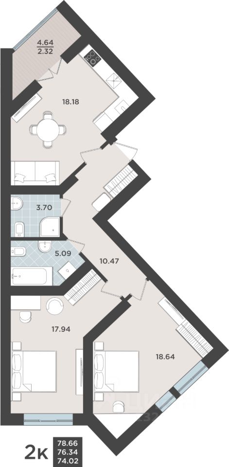 2-комн.кв., 76,3 м², 1/10 этаж