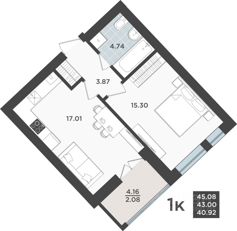 1-комн.кв., 43 м², 2/10 этаж