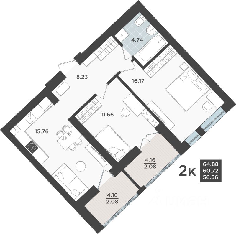 2-комн.кв., 60,7 м², 1/10 этаж