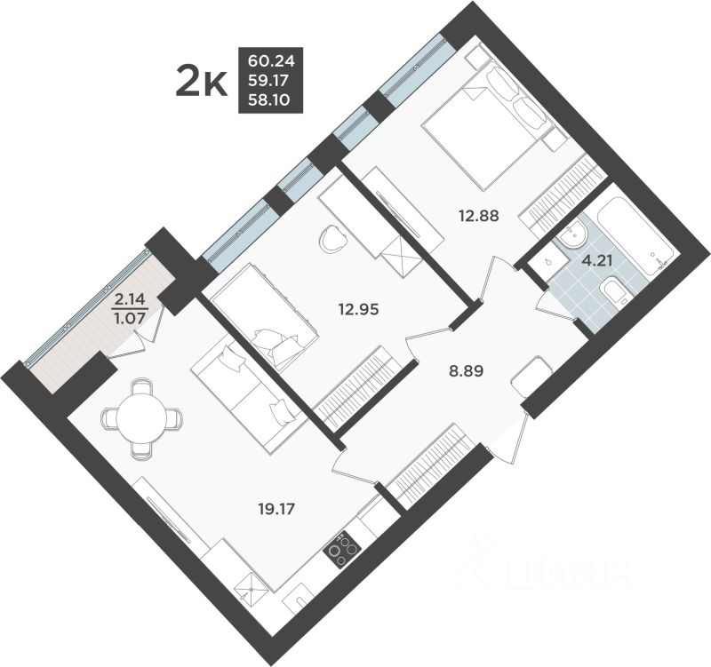 2-комн.кв., 59,2 м², 1/10 этаж