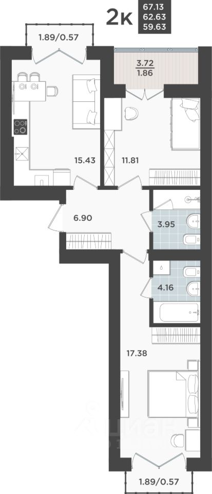 2-комн.кв., 62,6 м², 10/10 этаж
