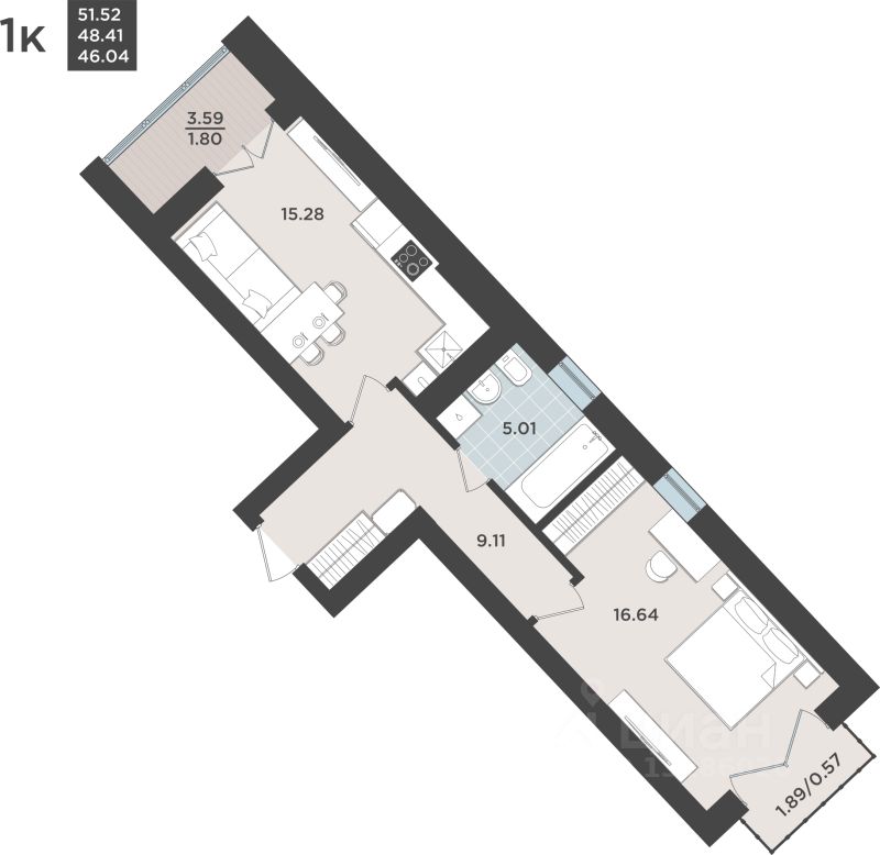 1-комн.кв., 48,4 м², 10/10 этаж