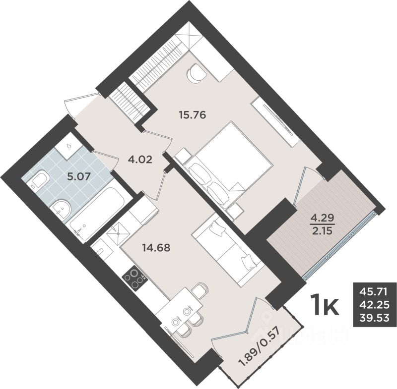 1-комн.кв., 42,2 м², 10/10 этаж