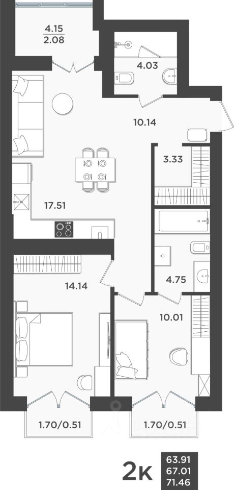 2-комн.кв., 67 м², 10/10 этаж