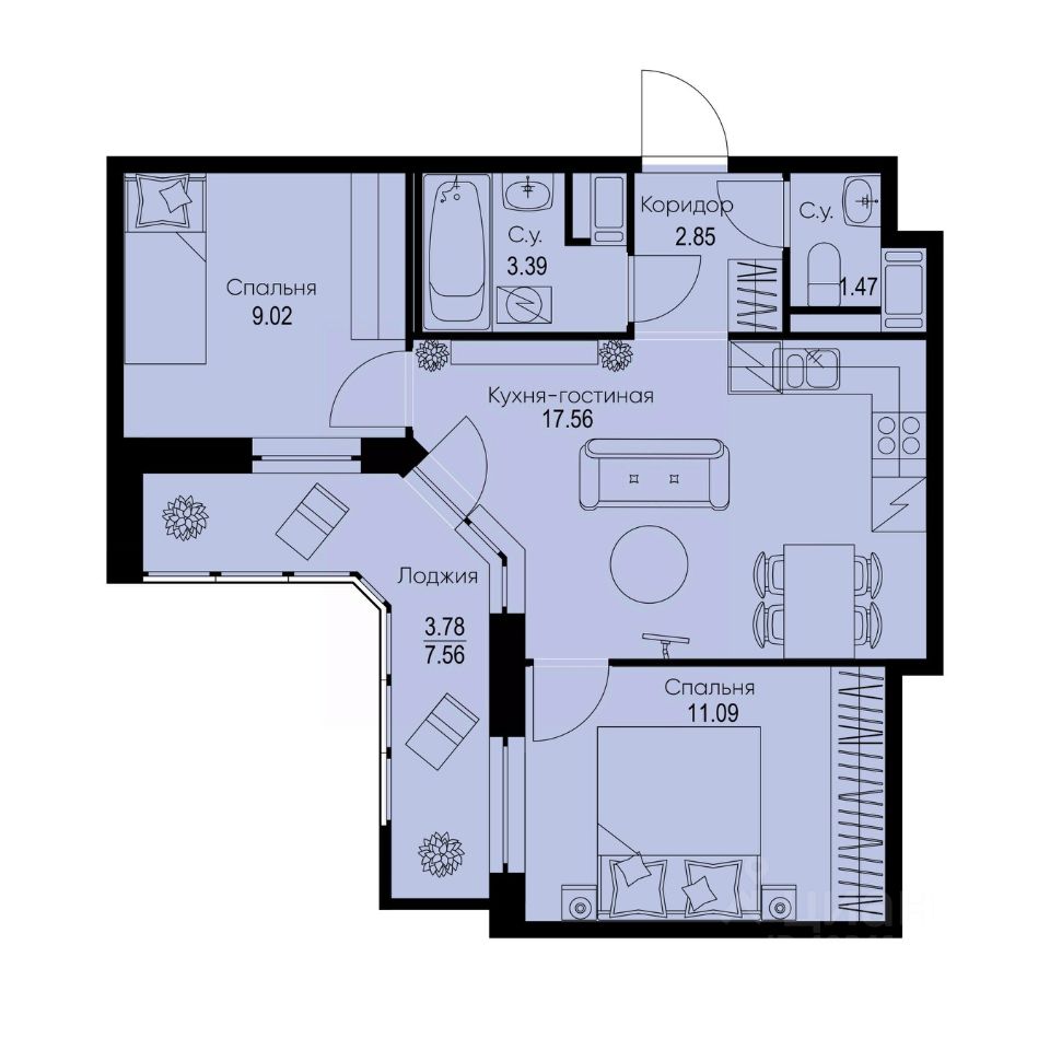 2-комн.кв., 49,2 м², 8/9 этаж