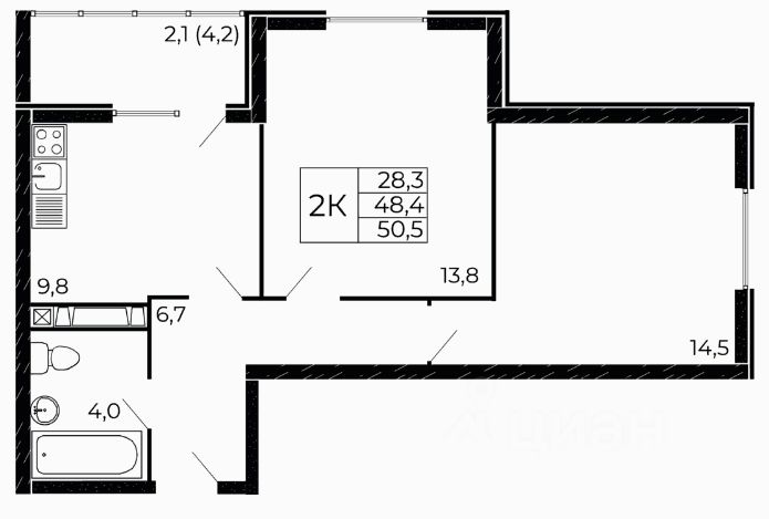 2-комн.кв., 50,5 м², 6/18 этаж