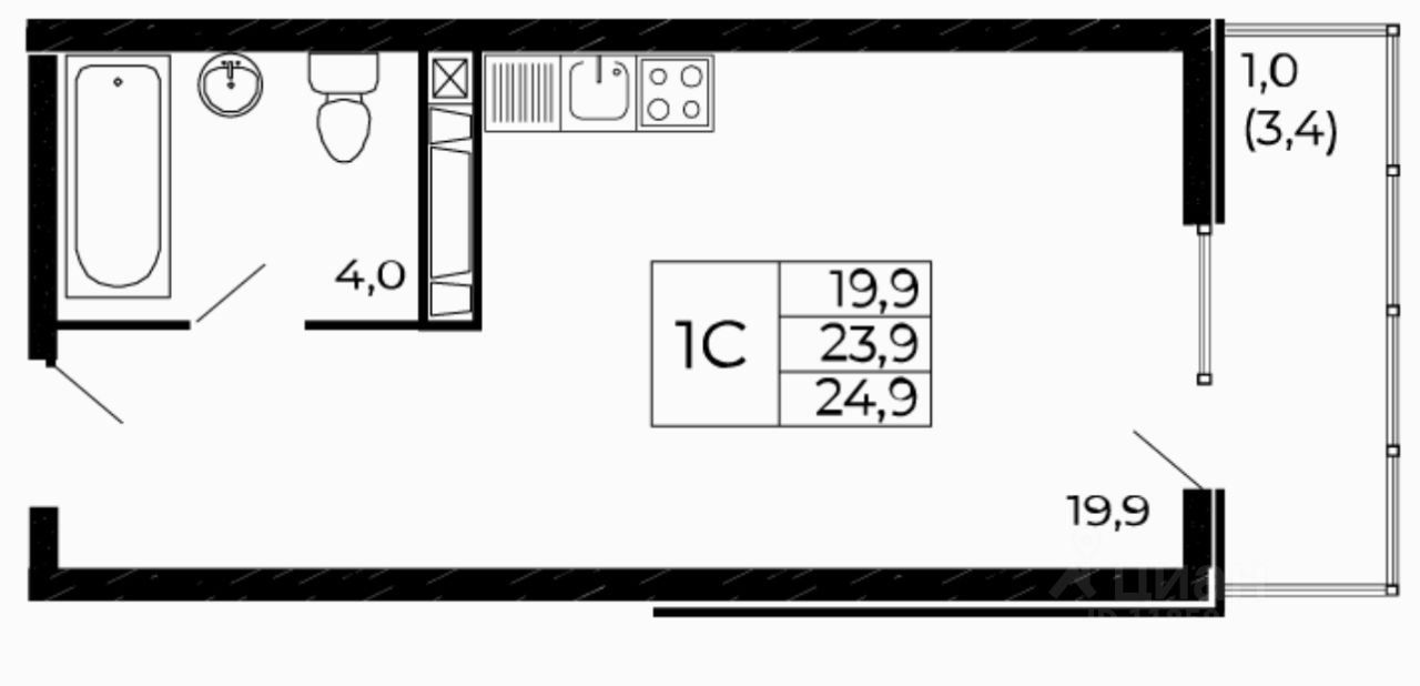 Студия, 24,9 м², 13/18 этаж