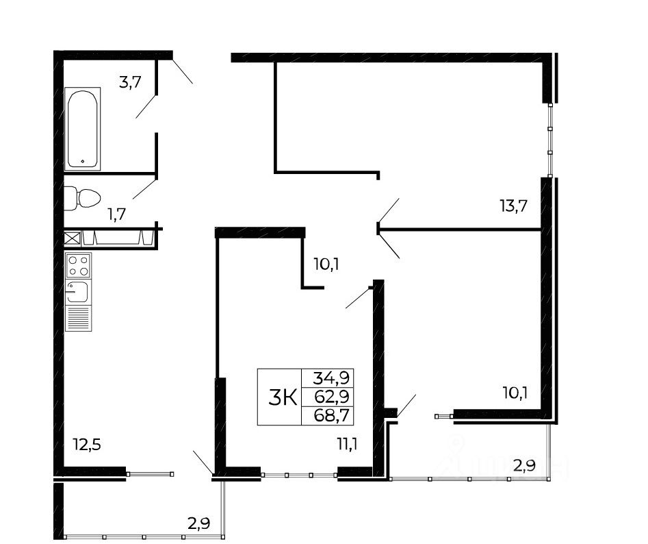 3-комн.кв., 65,5 м², 15/19 этаж