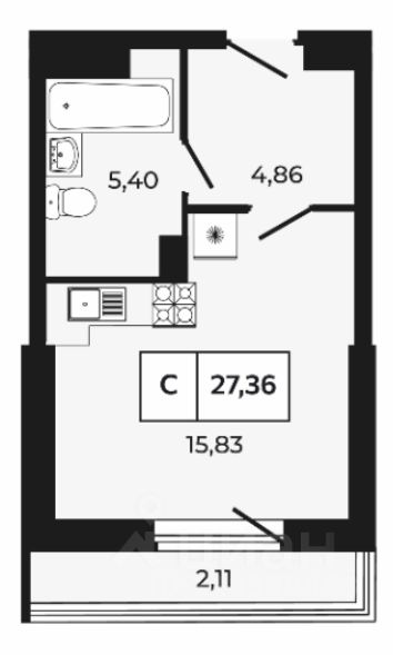 Студия, 27,4 м², 2/21 этаж