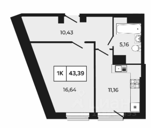 1-комн.кв., 43,4 м², 3/21 этаж