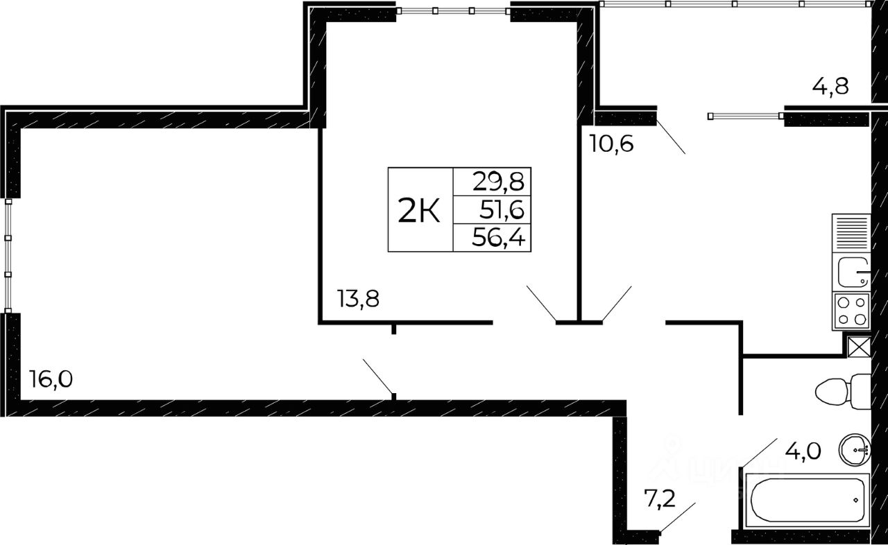 2-комн.кв., 53,8 м², 5/18 этаж