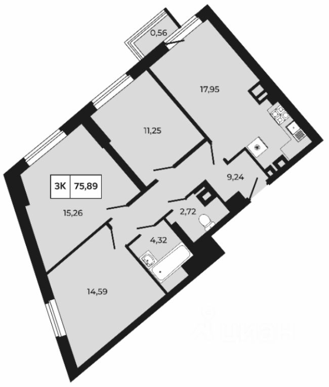 3-комн.кв., 75,9 м², 4/21 этаж