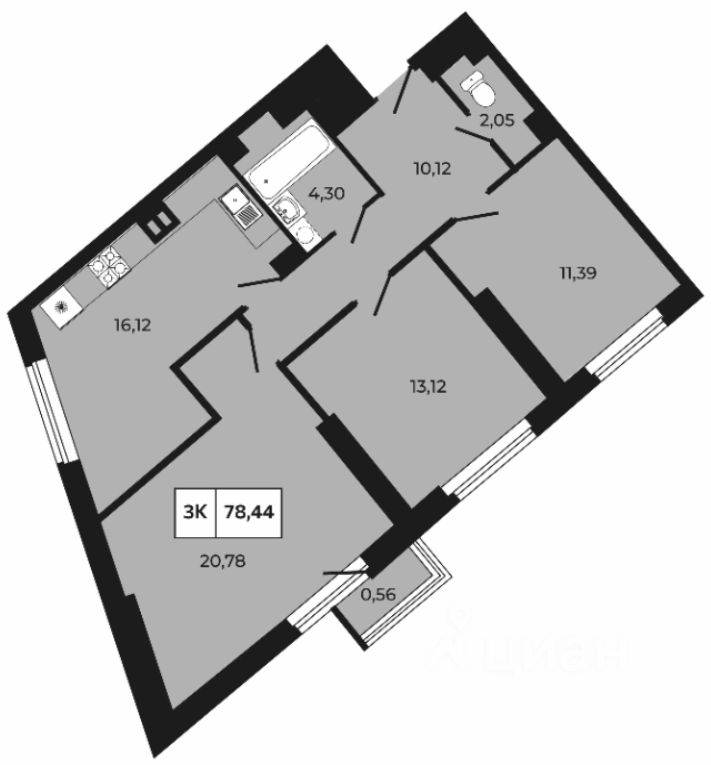 3-комн.кв., 77,8 м², 5/21 этаж