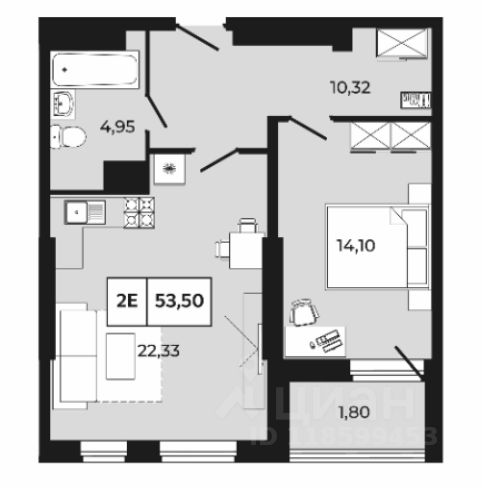 2-комн.кв., 53,5 м², 8/21 этаж