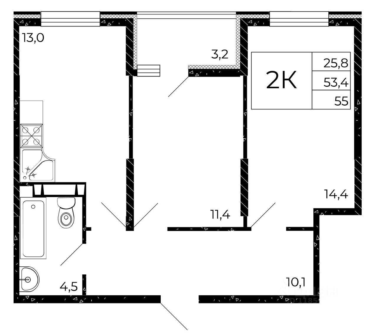 2-комн.кв., 55 м², 7/15 этаж
