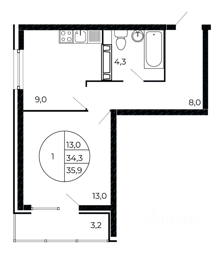 1-комн.кв., 35 м², 9/17 этаж