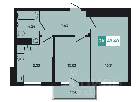 2-комн.кв., 49,4 м², 2/8 этаж