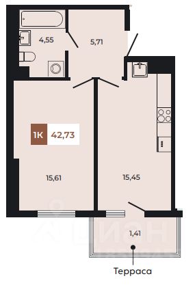 2-комн.кв., 42,7 м², 1/8 этаж