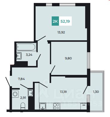 2-комн.кв., 52,2 м², 8/8 этаж