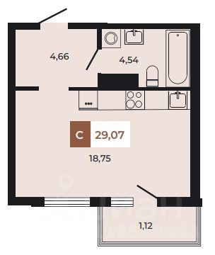 Студия, 29,1 м², 6/8 этаж