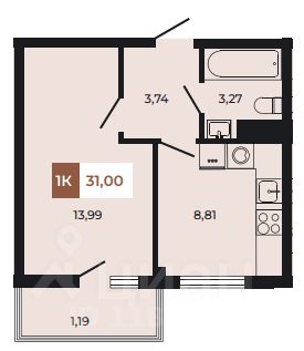 1-комн.кв., 31 м², 3/8 этаж