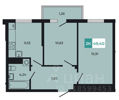 2-комн.кв., 49,4 м², 4/8 этаж