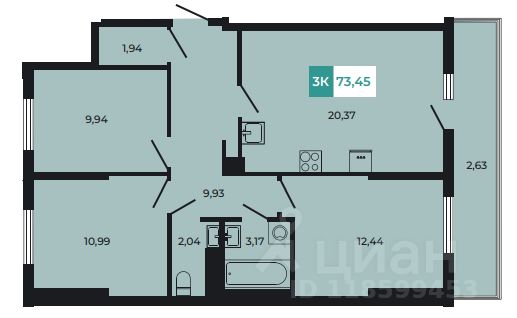 3-комн.кв., 71,8 м², 6/8 этаж