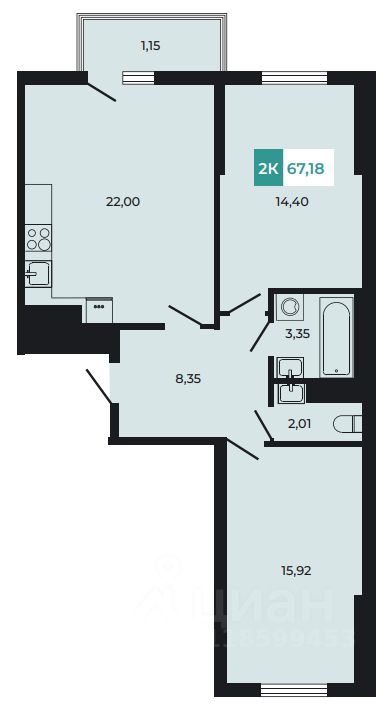 2-комн.кв., 67,4 м², 3/8 этаж