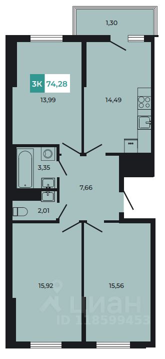 3-комн.кв., 74,4 м², 5/8 этаж