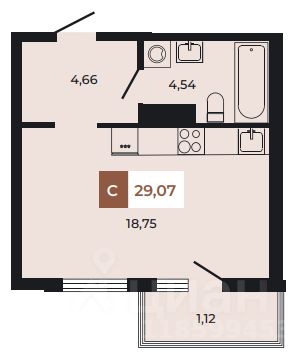 Студия, 29,1 м², 6/8 этаж