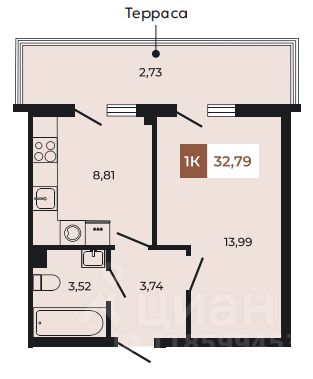 1-комн.кв., 32,8 м², 1/8 этаж