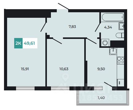 2-комн.кв., 49,6 м², 6/8 этаж