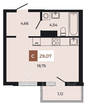 Студия, 29,1 м², 3/8 этаж