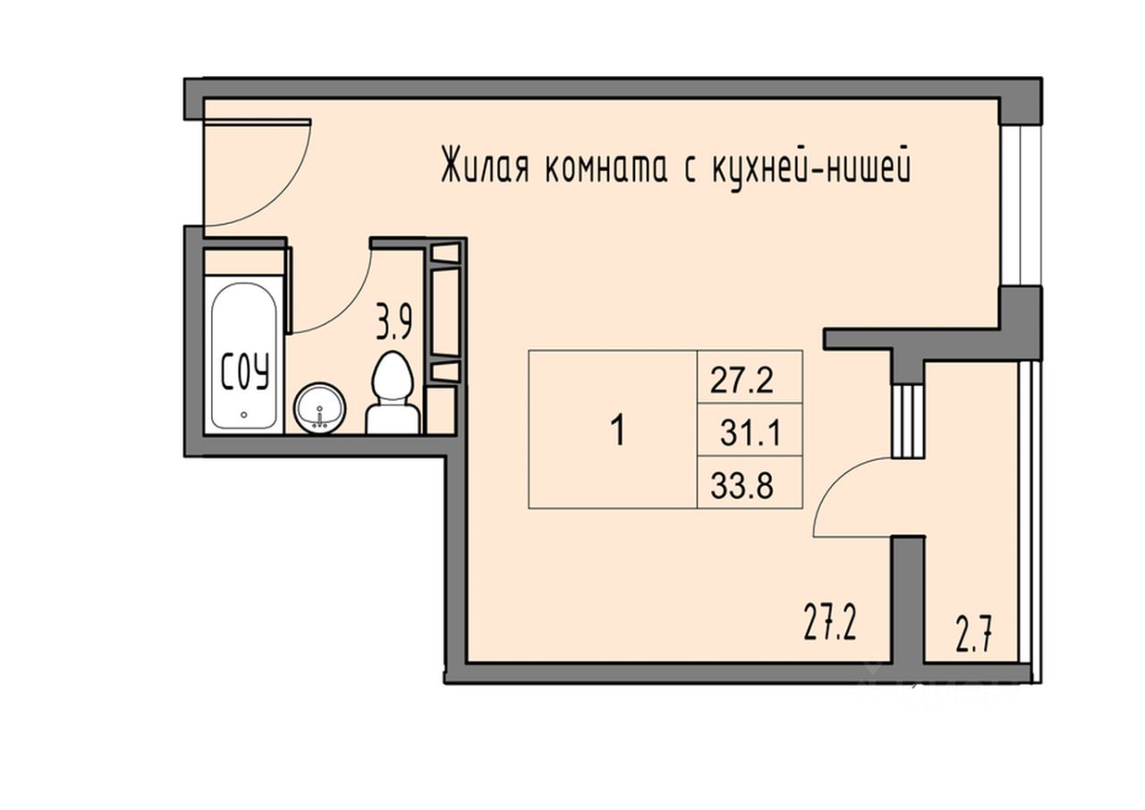 1-комн.кв., 32,4 м², 6/16 этаж
