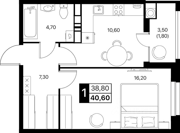 1-комн.кв., 40,6 м², 9/20 этаж