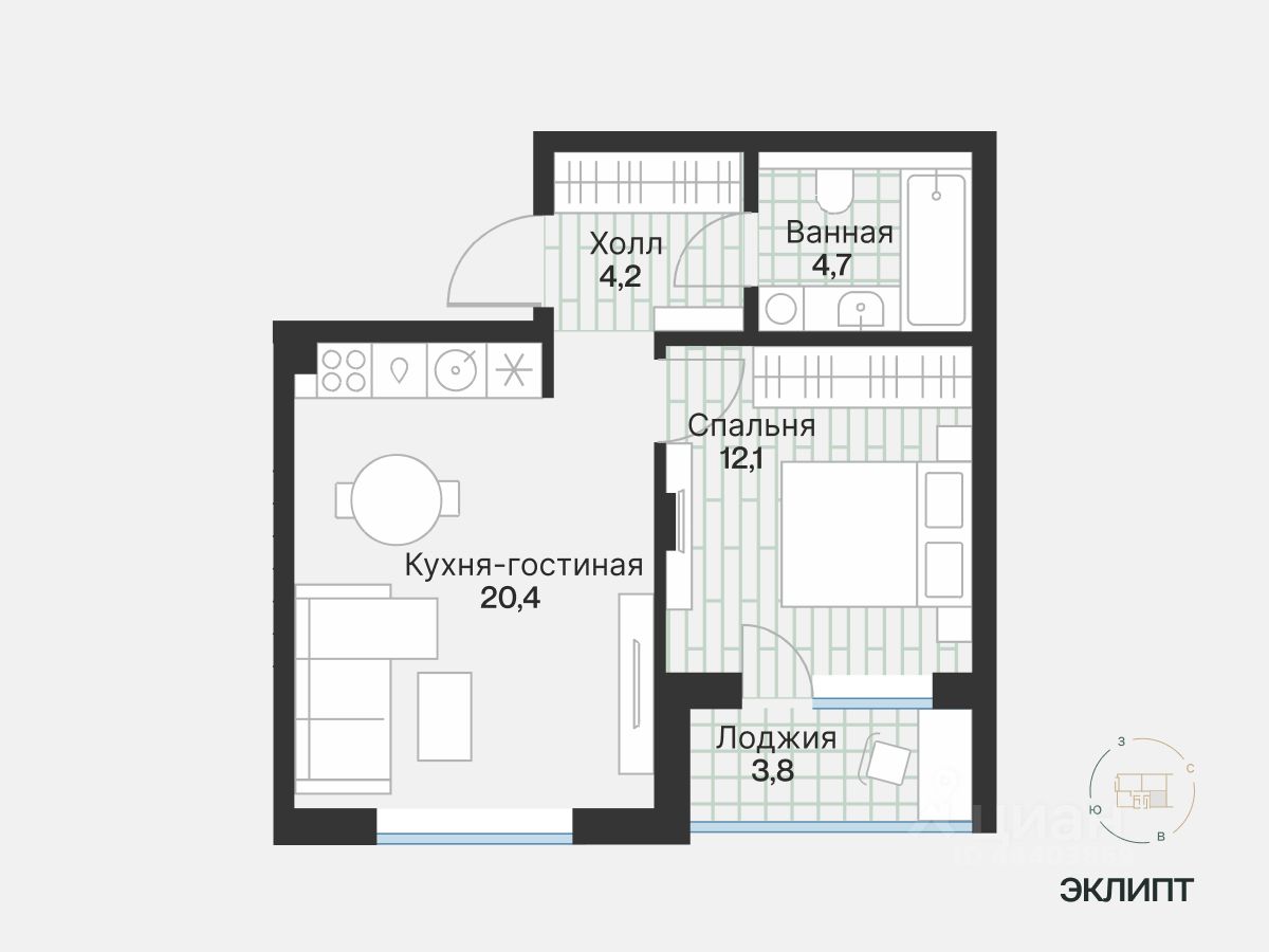 1-комн.кв., 43,2 м², 2/4 этаж