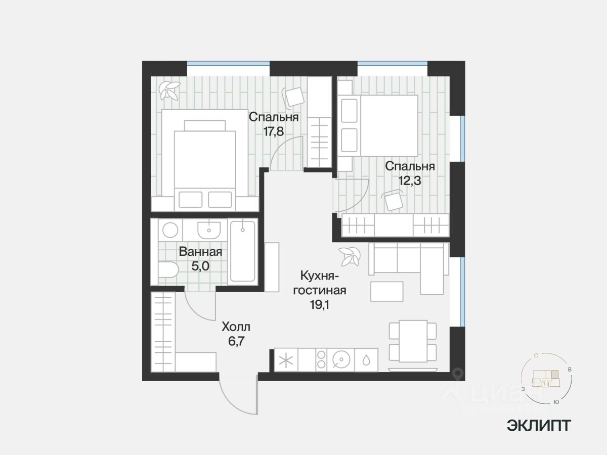 2-комн.кв., 57,8 м², 1/4 этаж