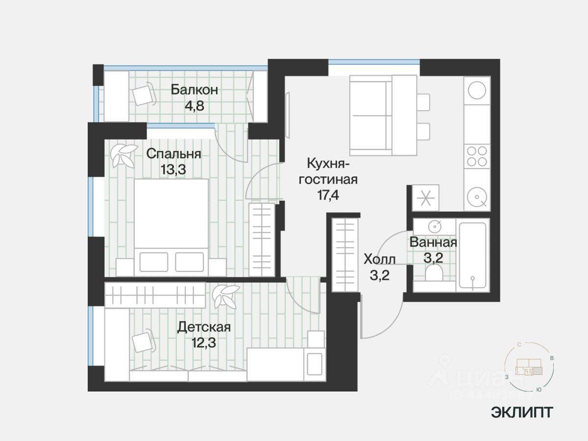 2-комн.кв., 51,8 м², 2/4 этаж
