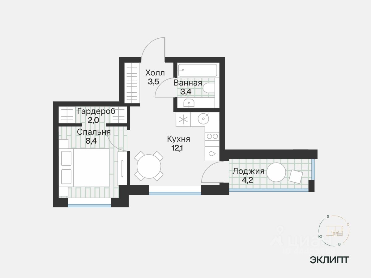 1-комн.кв., 31,4 м², 2/4 этаж