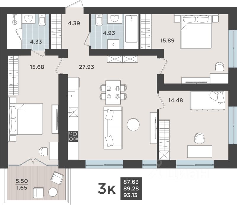 3-комн.кв., 89,3 м², 4/10 этаж