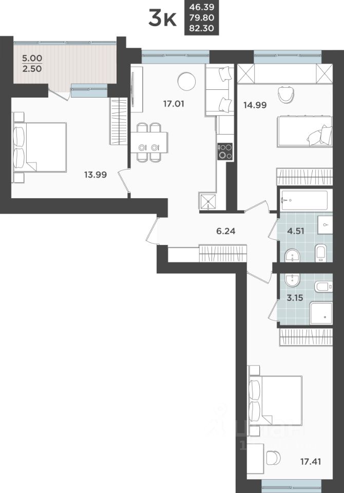 3-комн.кв., 79,8 м², 5/9 этаж