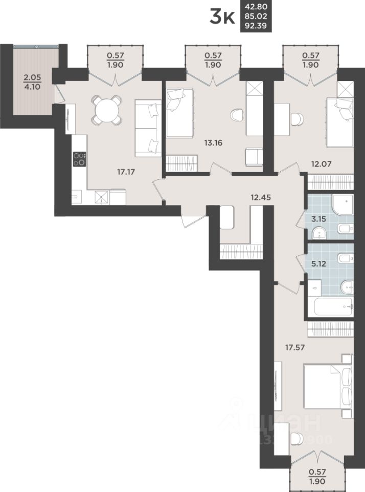 3-комн.кв., 85 м², 8/9 этаж