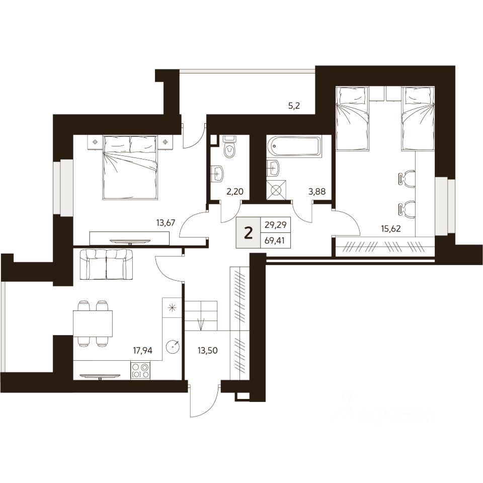 2-комн.кв., 69,4 м², 1/10 этаж