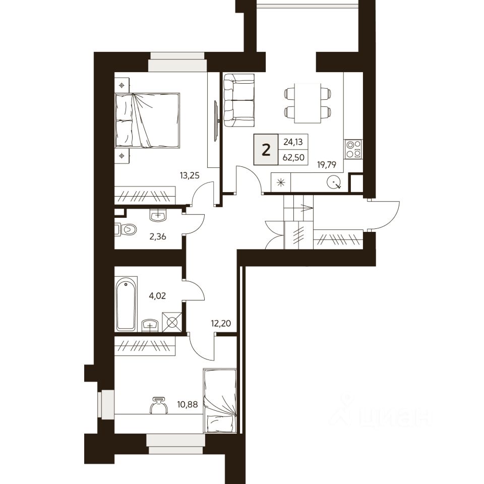 2-комн.кв., 62,5 м², 1/10 этаж