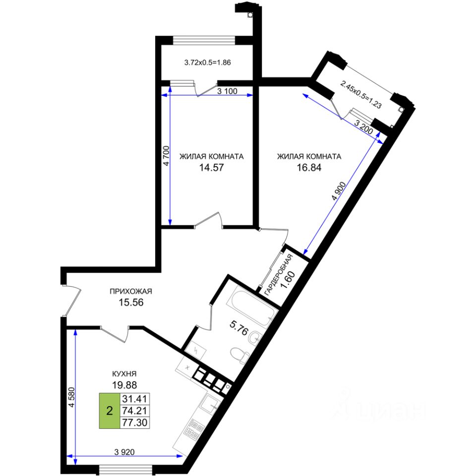 2-комн.кв., 77,3 м², 8/8 этаж