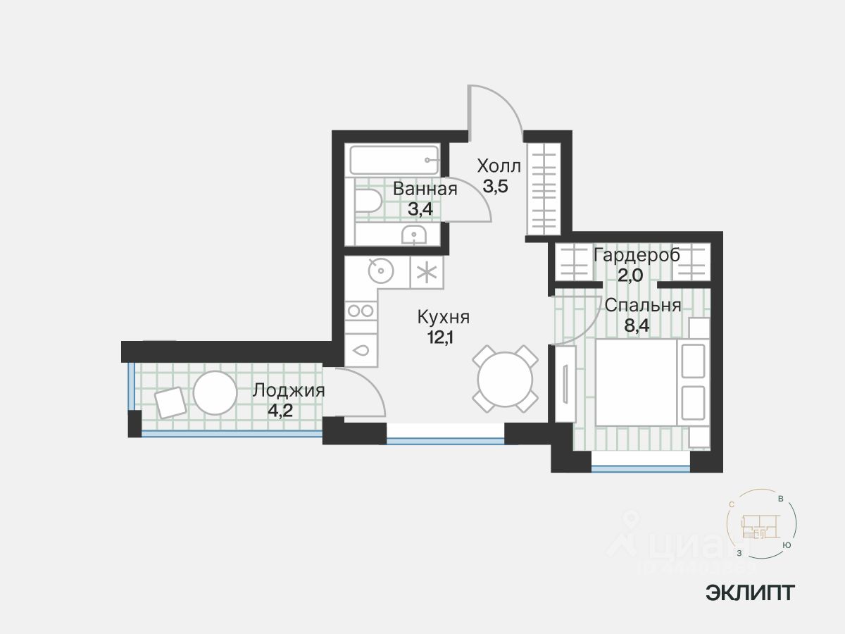 1-комн.кв., 31,4 м², 3/4 этаж