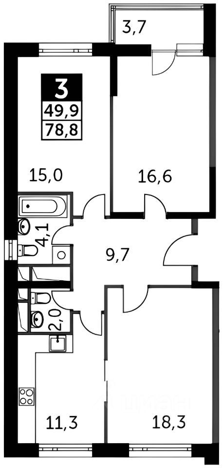 Планировка этой квартиры по данным Циан