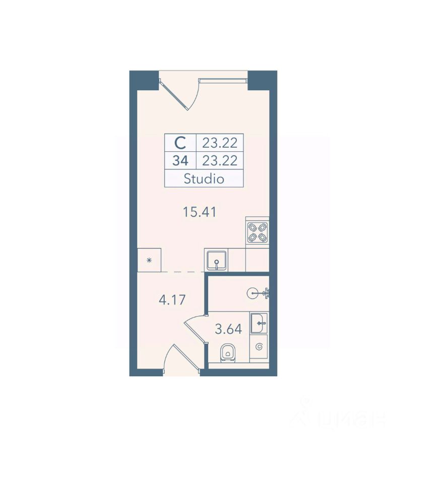 Апарт-студия, 23,2 м², 2/8 этаж