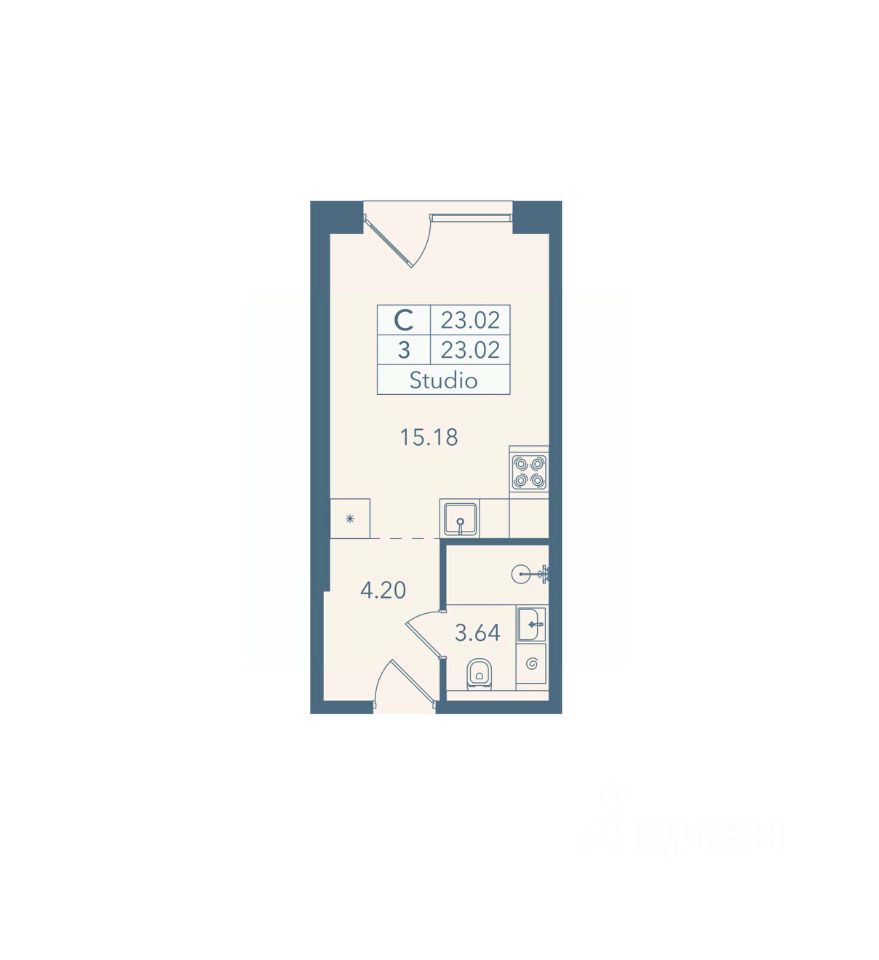 Апарт-студия, 23 м², 2/8 этаж