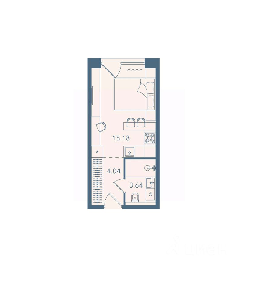 Апарт-студия, 22,9 м², 2/8 этаж